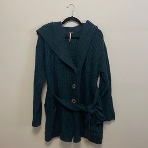 Free People Teal Button Up Tie Waist Sweater